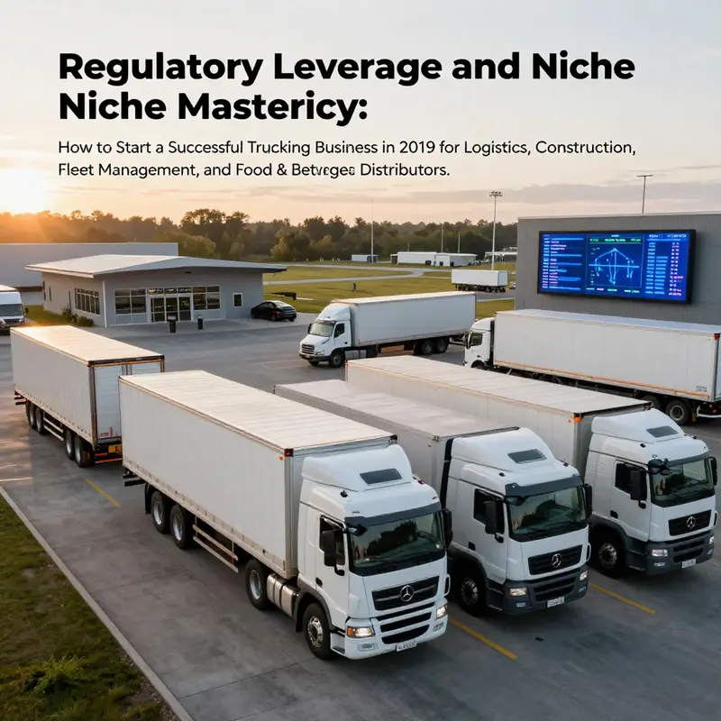 Wide, photo-realistic view of a trucking yard at dawn with a planning center and digital fleet status.