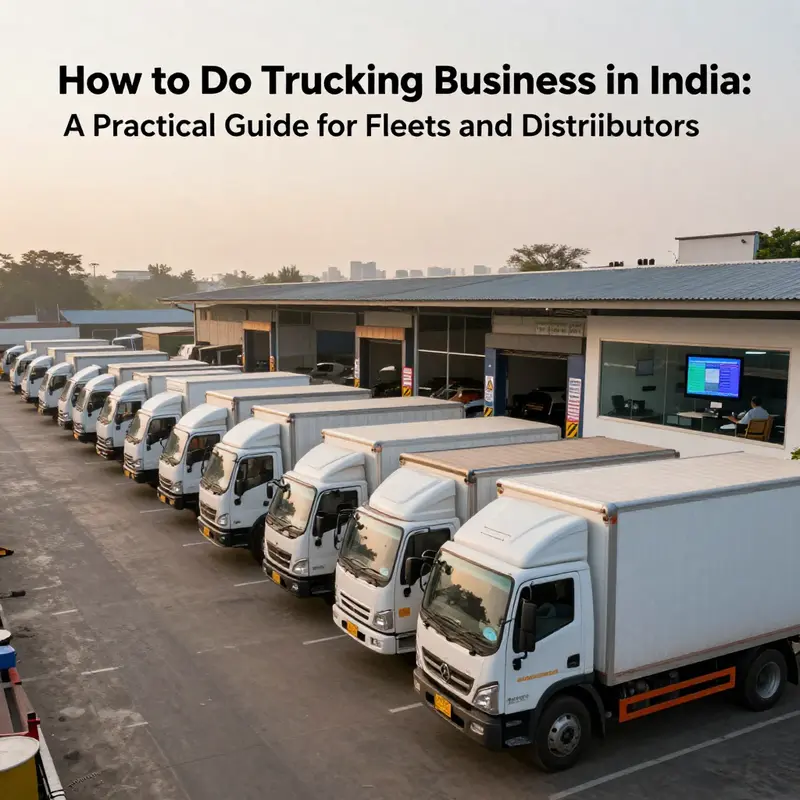 Trucking hub with box trucks, refrigerated vehicle, flatbed and an operations office displaying fleet telematics at sunrise.