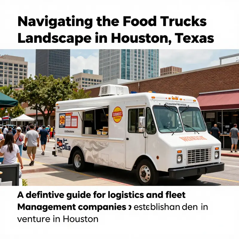 A panoramic image capturing a food truck in downtown Houston, bustling with activity and showcasing the city’s vibrant food culture.