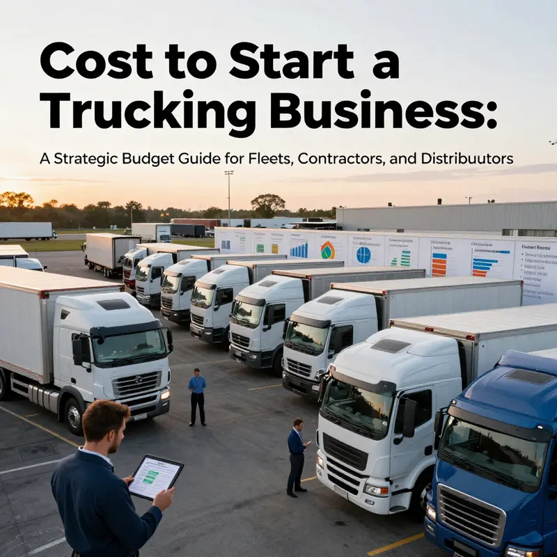 A busy trucking yard at dawn with managers and budgeting visuals, symbolizing startup cost planning.