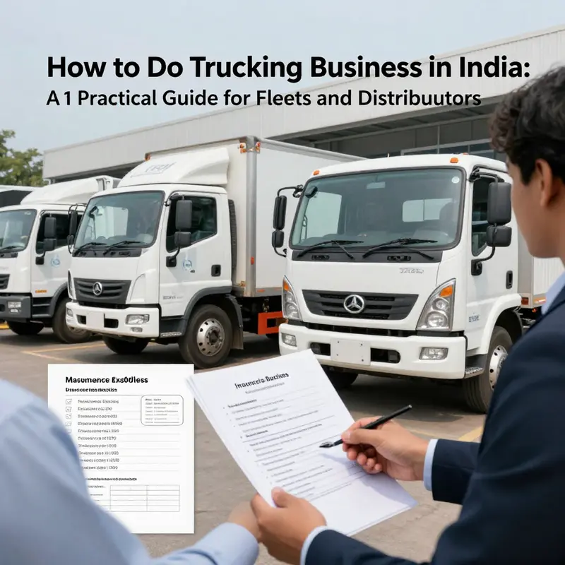 A logistics manager reviews permits and digital registration at a depot, demonstrating regulatory compliance for commercial trucks in India.