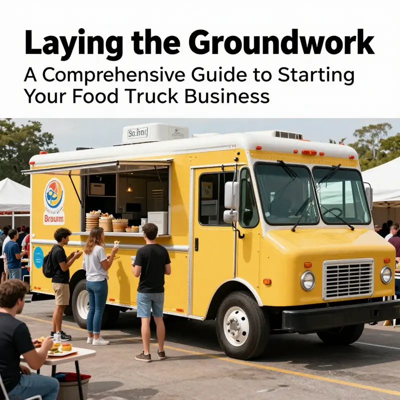 An animated food truck scene filled with happy customers enjoying delectable meals at a vibrant outdoor festival.