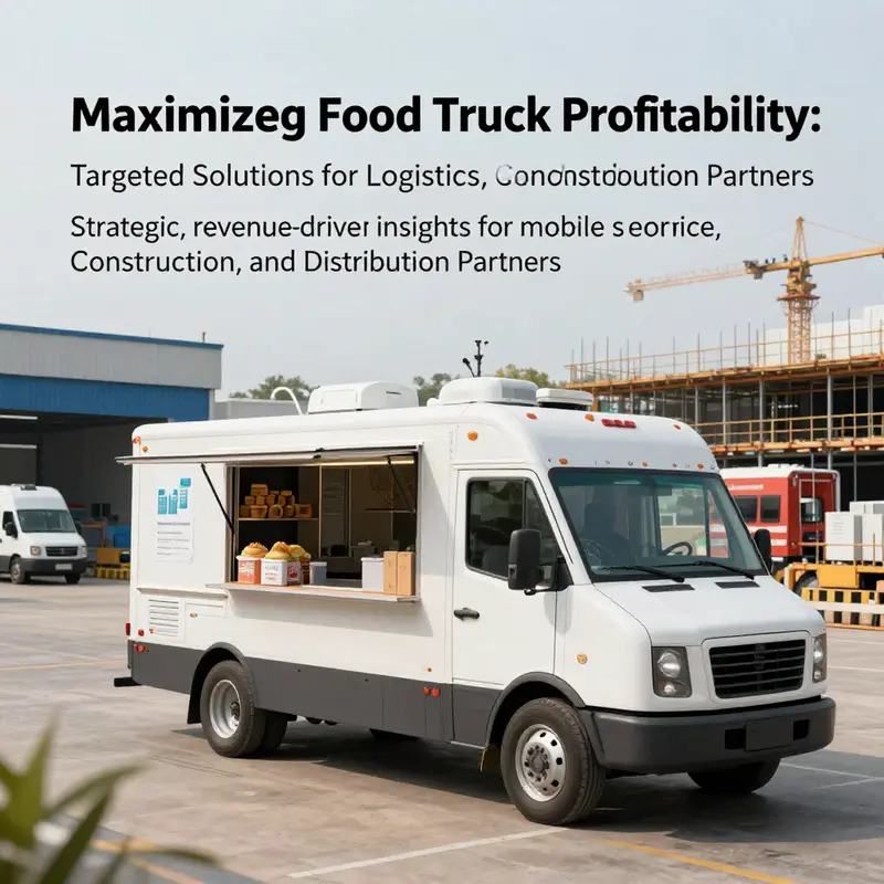 A photorealistic cover image of a contemporary food truck at a logistics hub and construction site with profitability graphs.