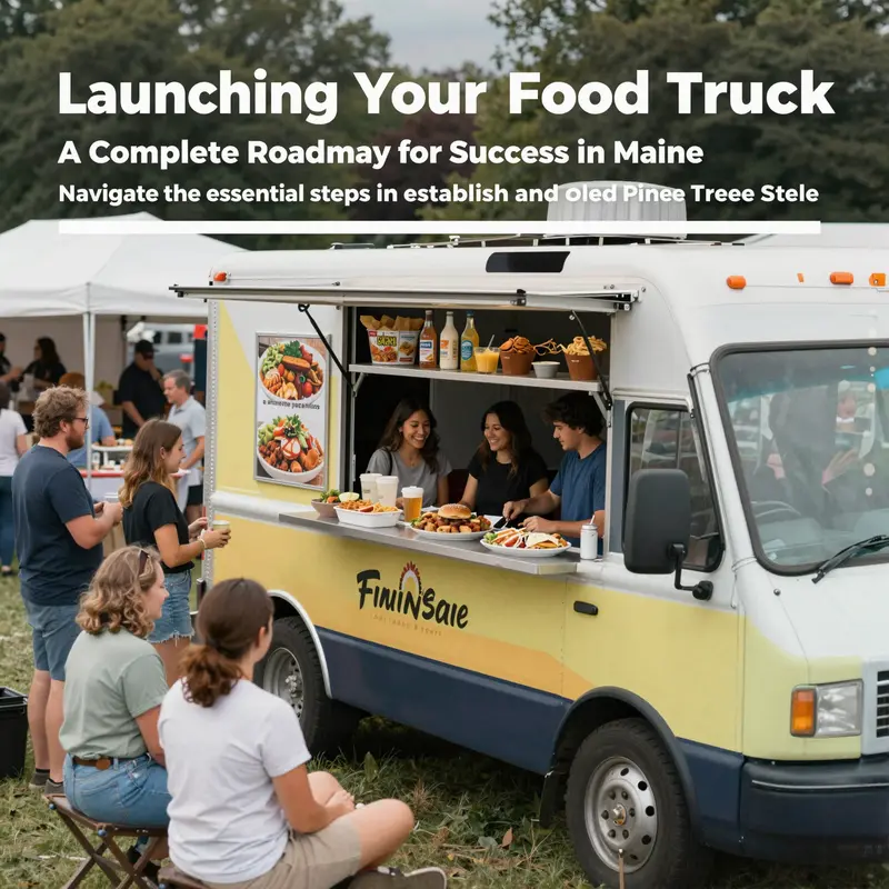 Lively festival scene with a food truck serving customers, representing the community and culinary culture in Maine.