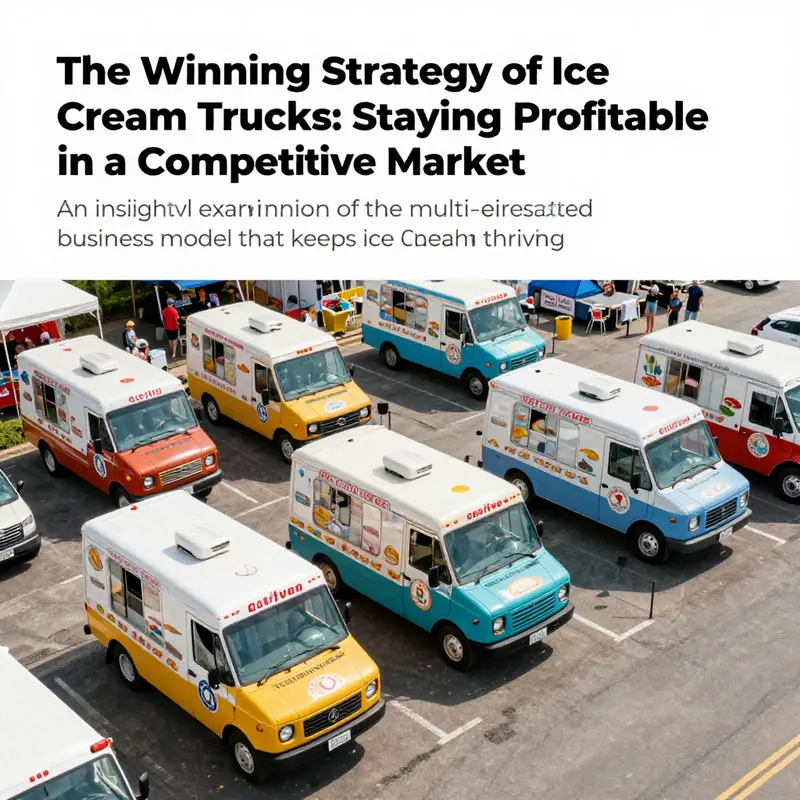 A vibrant scene of multiple ice cream trucks at a summer fair, illustrating their unique branding amidst a festive crowd.