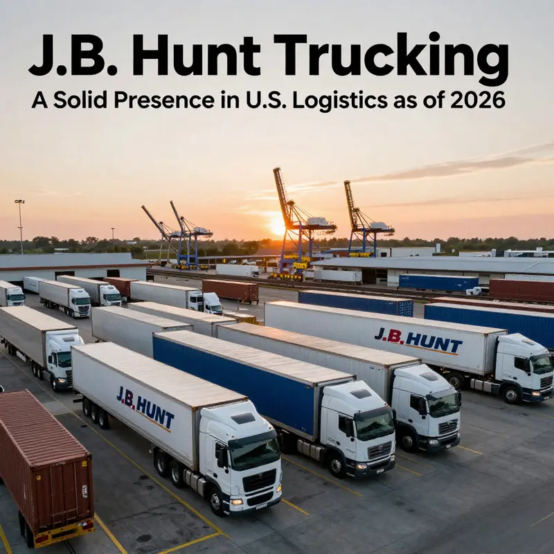 Fleet of J.B. Hunt trucks and shipping containers at a transport terminal during sunset.