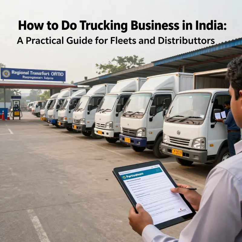 A logistics manager reviews permits and digital registration at a depot, demonstrating regulatory compliance for commercial trucks in India.
