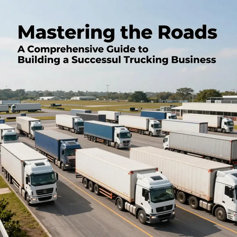 A busy trucking hub with trucks in motion around loading docks, symbolizing a successful business environment in the trucking industry.