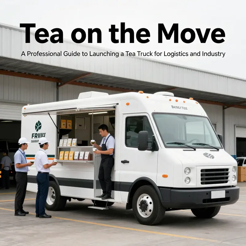 Photo-realistic cover image of a mobile tea truck at a loading dock with professionals sampling tea.
