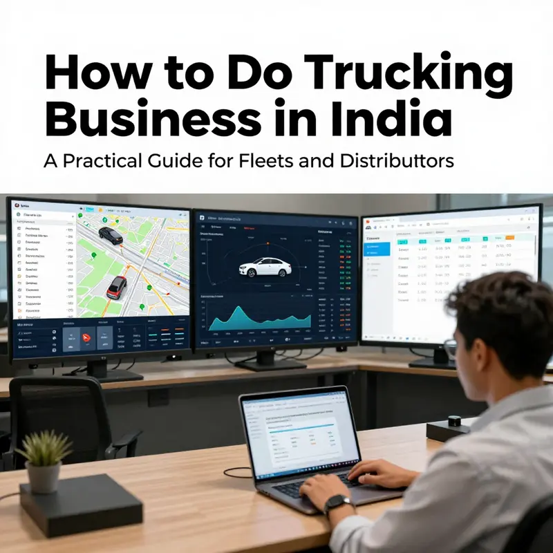 A logistics manager reviews permits and digital registration at a depot, demonstrating regulatory compliance for commercial trucks in India.