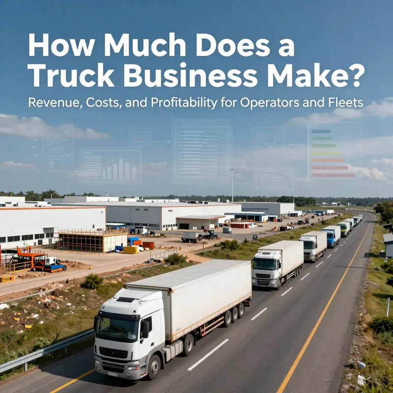 A highway scene with trucks near industrial facilities and analytics overlays symbolizing profitability and efficiency.