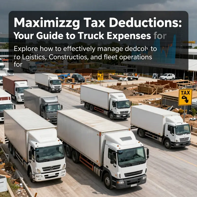 Trucks in operation on site with financial graphics illustrating the concept of expense deductions.