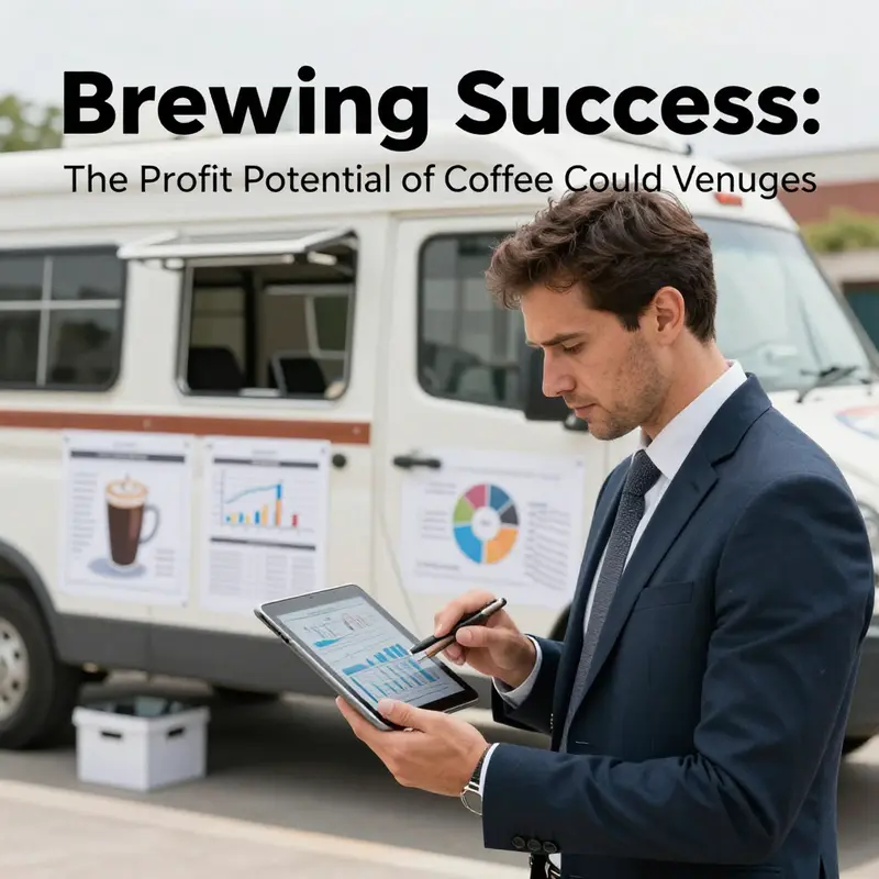 A lively coffee truck serving customers in a busy urban area shows the potential profit through high foot traffic.