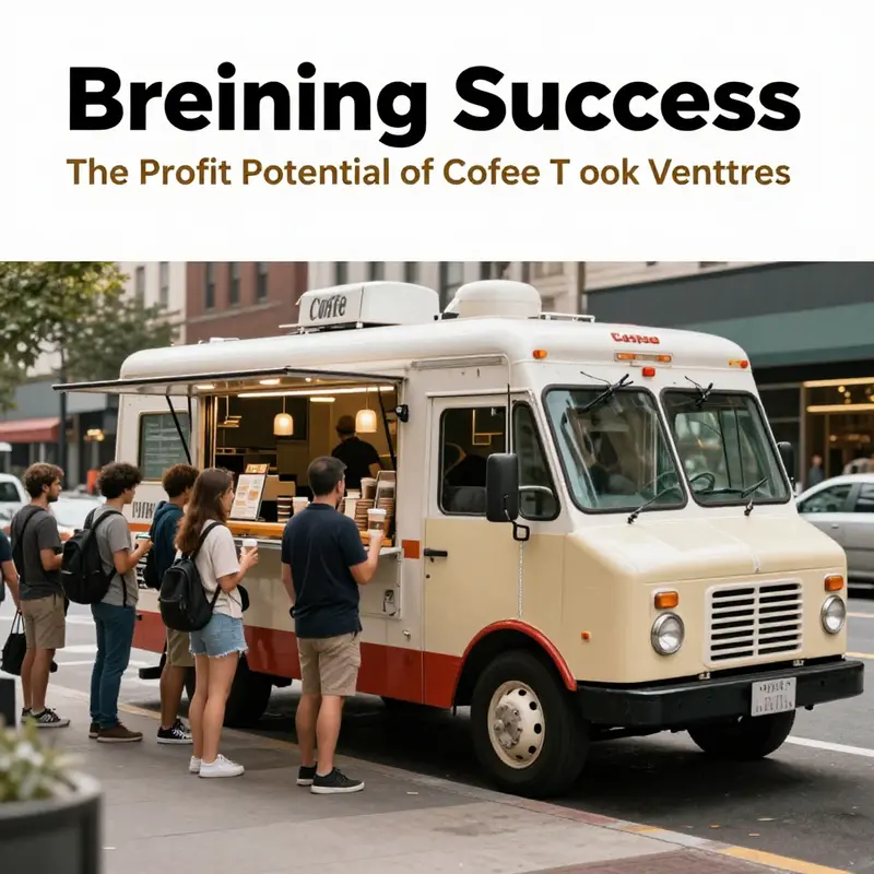 A lively coffee truck serving customers in a busy urban area shows the potential profit through high foot traffic.