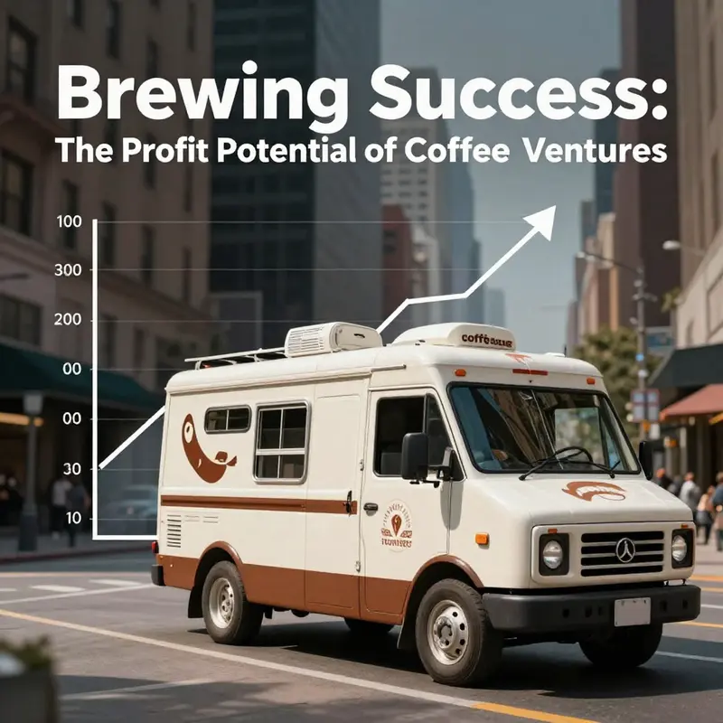 A lively coffee truck serving customers in a busy urban area shows the potential profit through high foot traffic.
