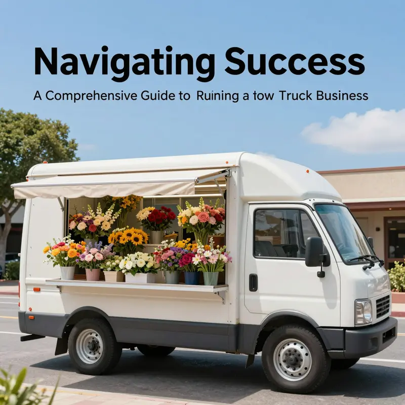 An eye-catching flower truck parked on a lively street, surrounded by colorful flowers under a bright sky.