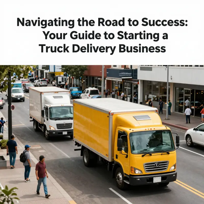 Illustration of trucks delivering goods in an urban landscape, highlighting the operational aspects of a truck delivery business.