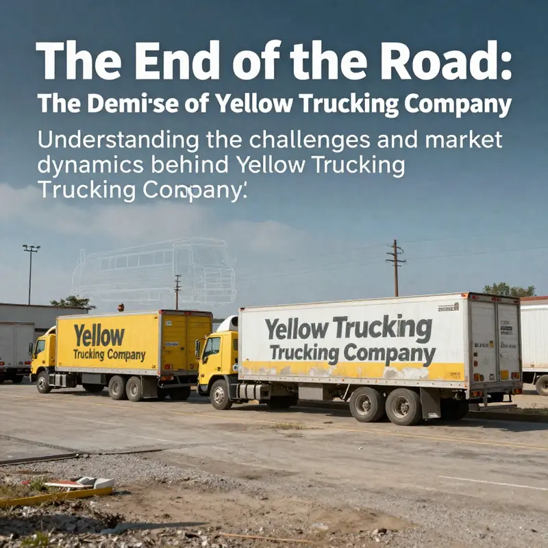 A panoramic view of a deserted freight yard that once belonged to Yellow Trucking Company, conveying the finality of its operations.