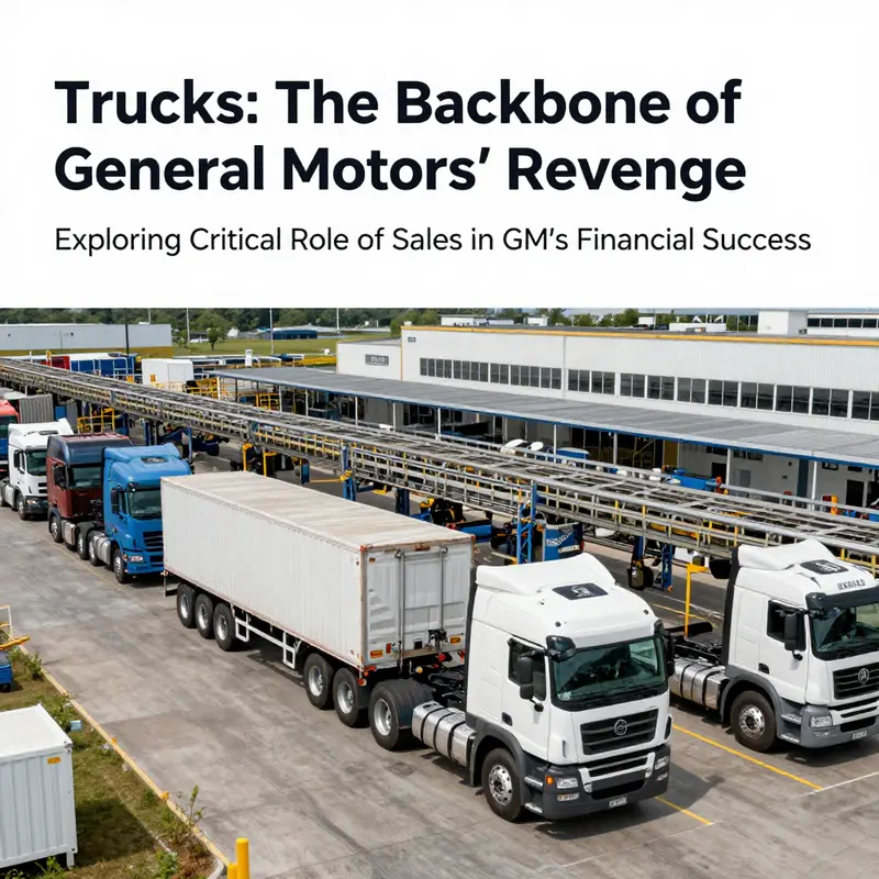 Wide-angle view of GM's manufacturing plant where trucks are being assembled, depicting the large scale related to truck production.