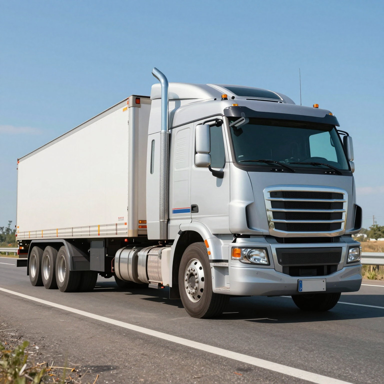 A realistic illustration of an 18-wheeler truck on a highway, perfect for logistics and freight companies.