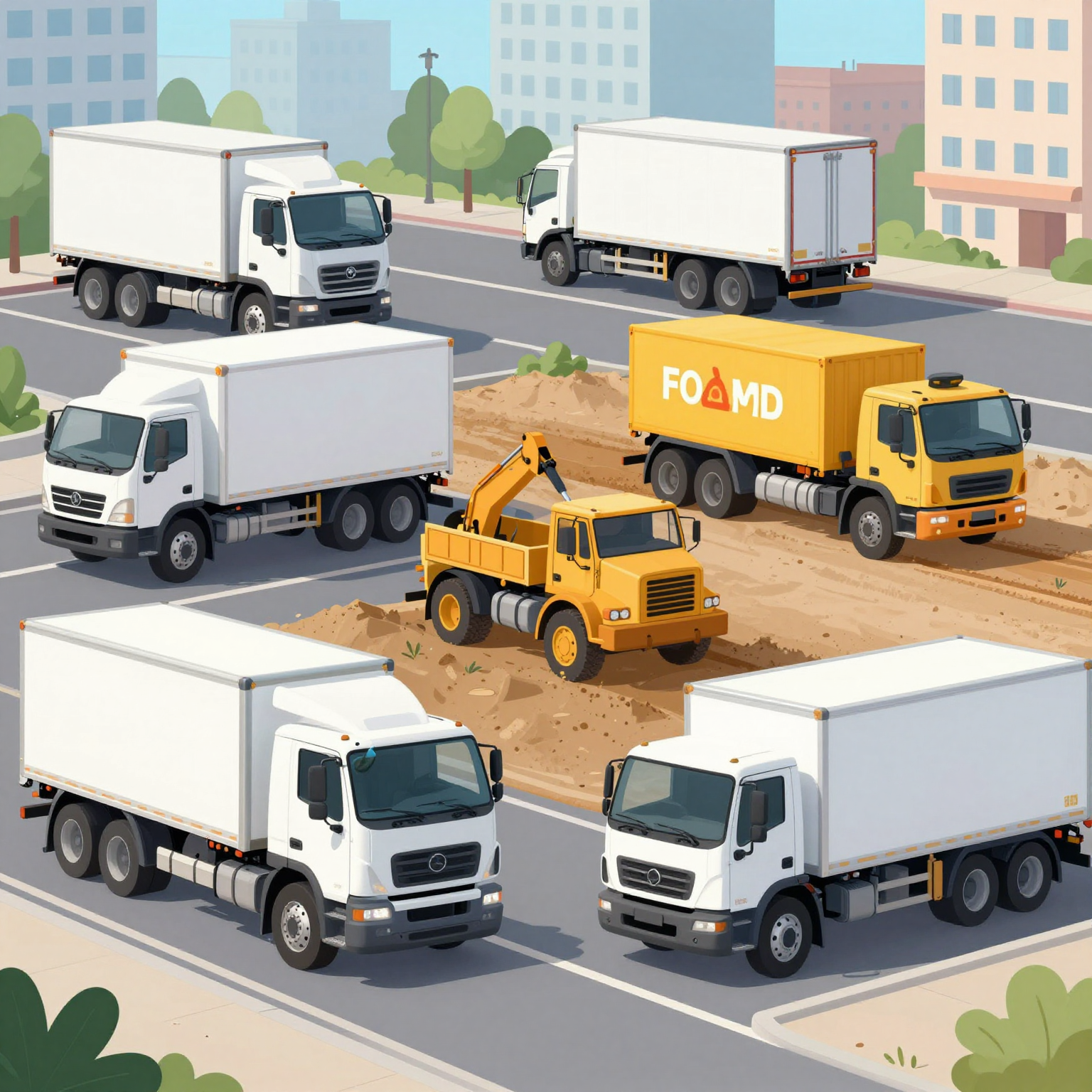 Illustration of trucks in various industries like logistics, construction, and food distribution.