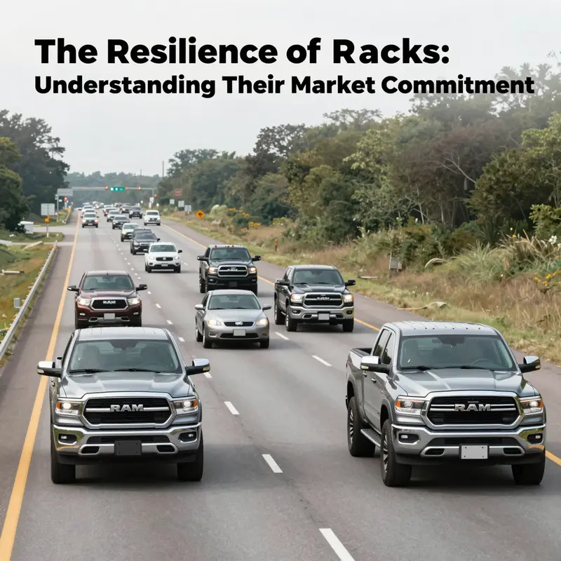 Various models of Ram Trucks driving on a busy highway, representing the brand's resilience and market adaptability.