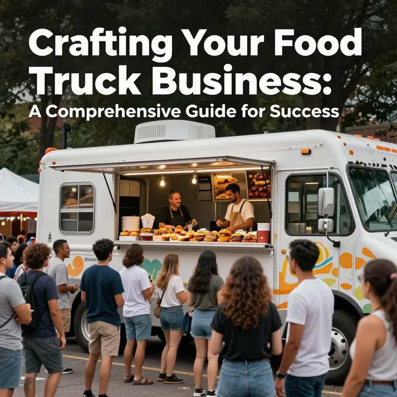 A food truck bustling with activity, serving diverse food items to enthusiastic customers at a street fair.