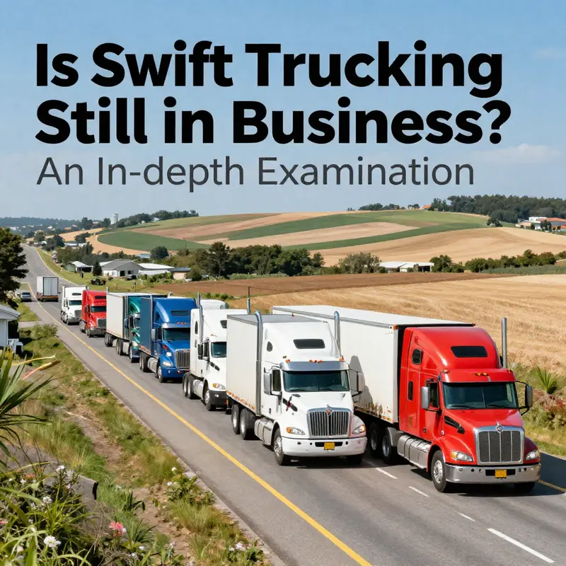 A colorful scene of Swift Trucking vehicles traveling across diverse landscapes, signifying the company's extensive reach and continued operations.