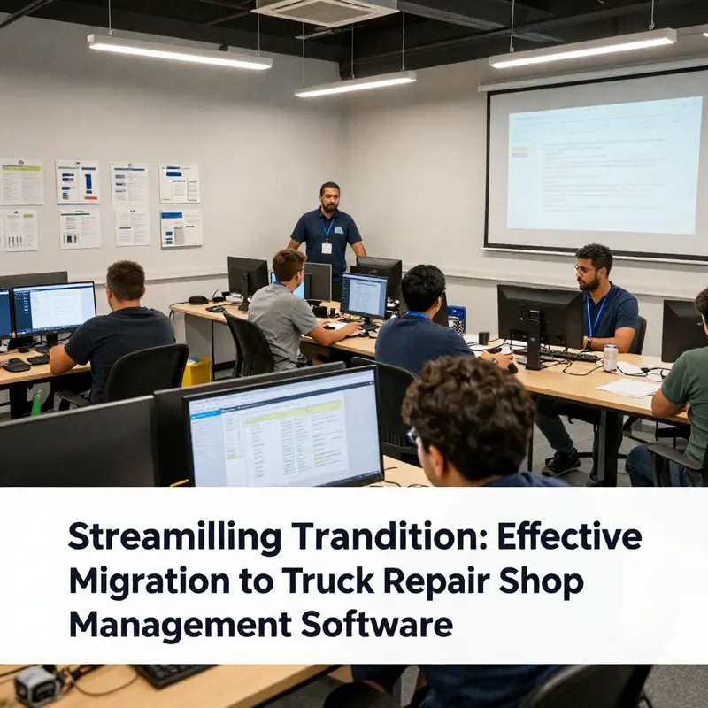 A team collaborates on assessing and planning the migration to new truck repair shop management software.
