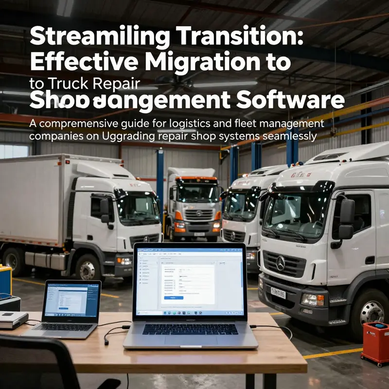 A busy truck repair shop illustrating the integration of modern software technology in operations.