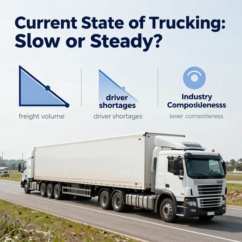 Current challenges impacting the trucking industry, depicting the decline in demand and the ongoing driver shortage.