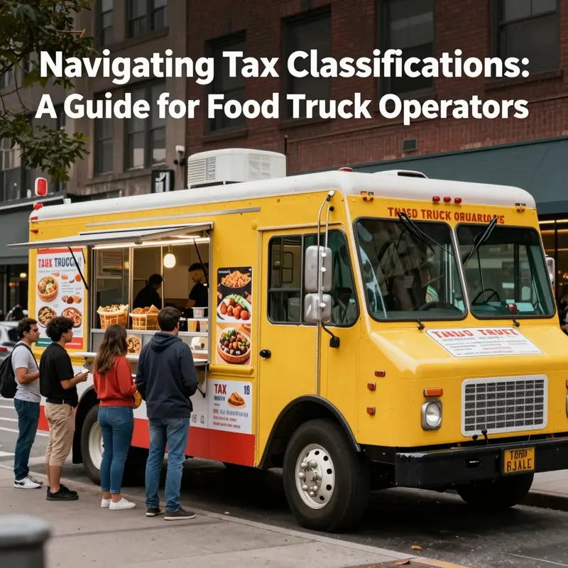 A food truck serving customers, emphasizing its classification within the food service industry for tax purposes.