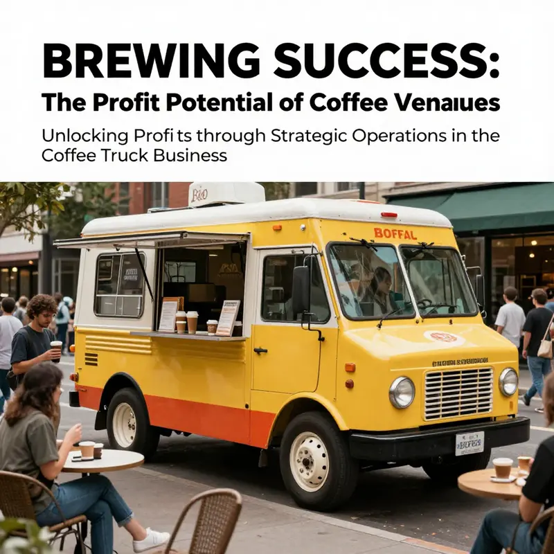A facade view of a coffee truck parked in a lively urban setting with customers enjoying their purchases.