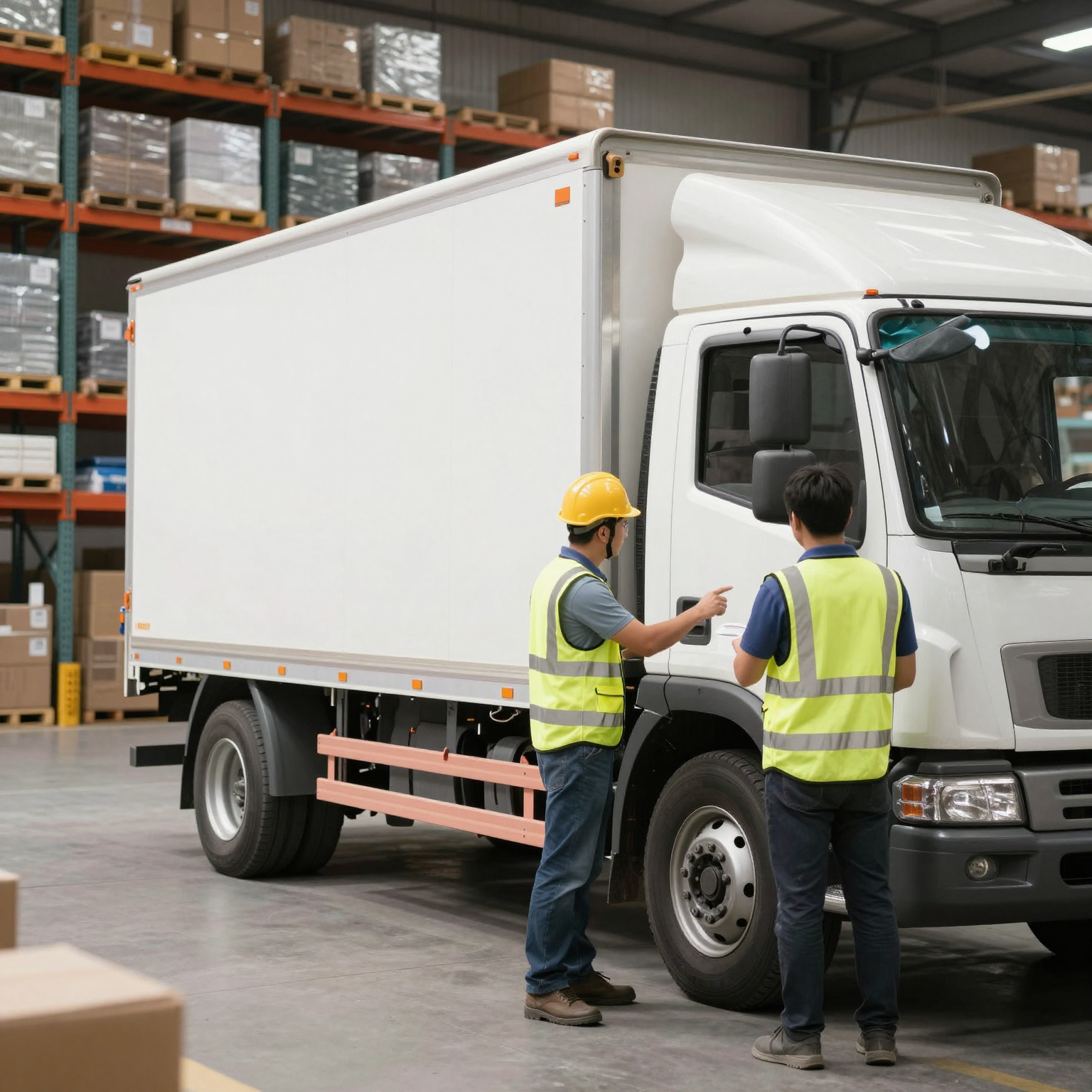 A professional setting with a box truck in a logistics environment