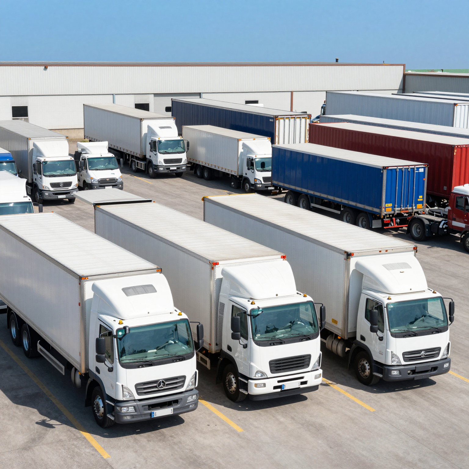 Diverse trucking fleet parked in a logistics yard, showcasing various types of commercial vehicles.