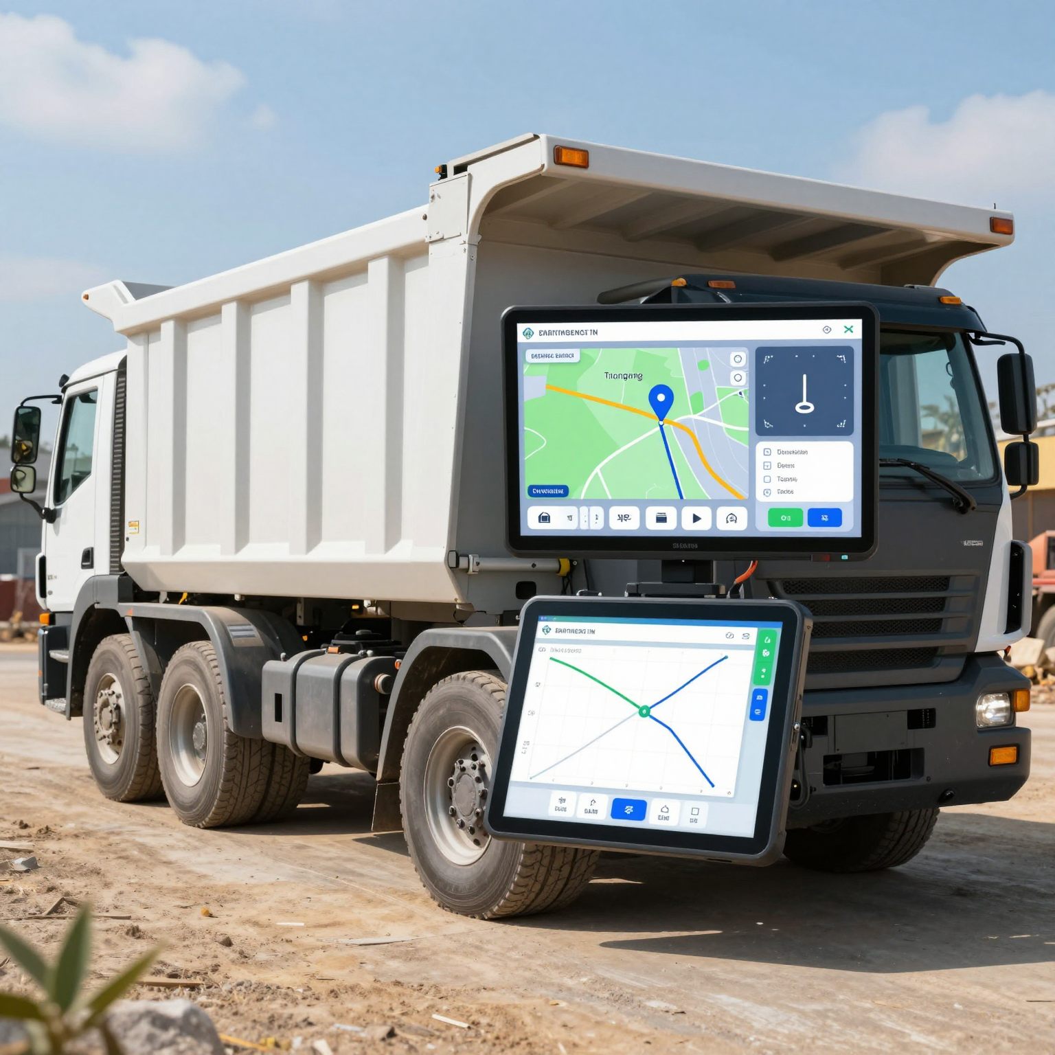 A modern dump truck equipped with GPS and fleet management technology in a construction site