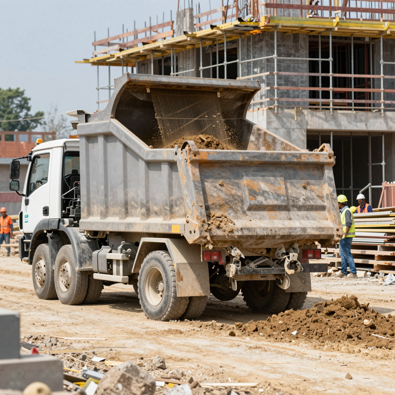 A dump truck in action on a construction site