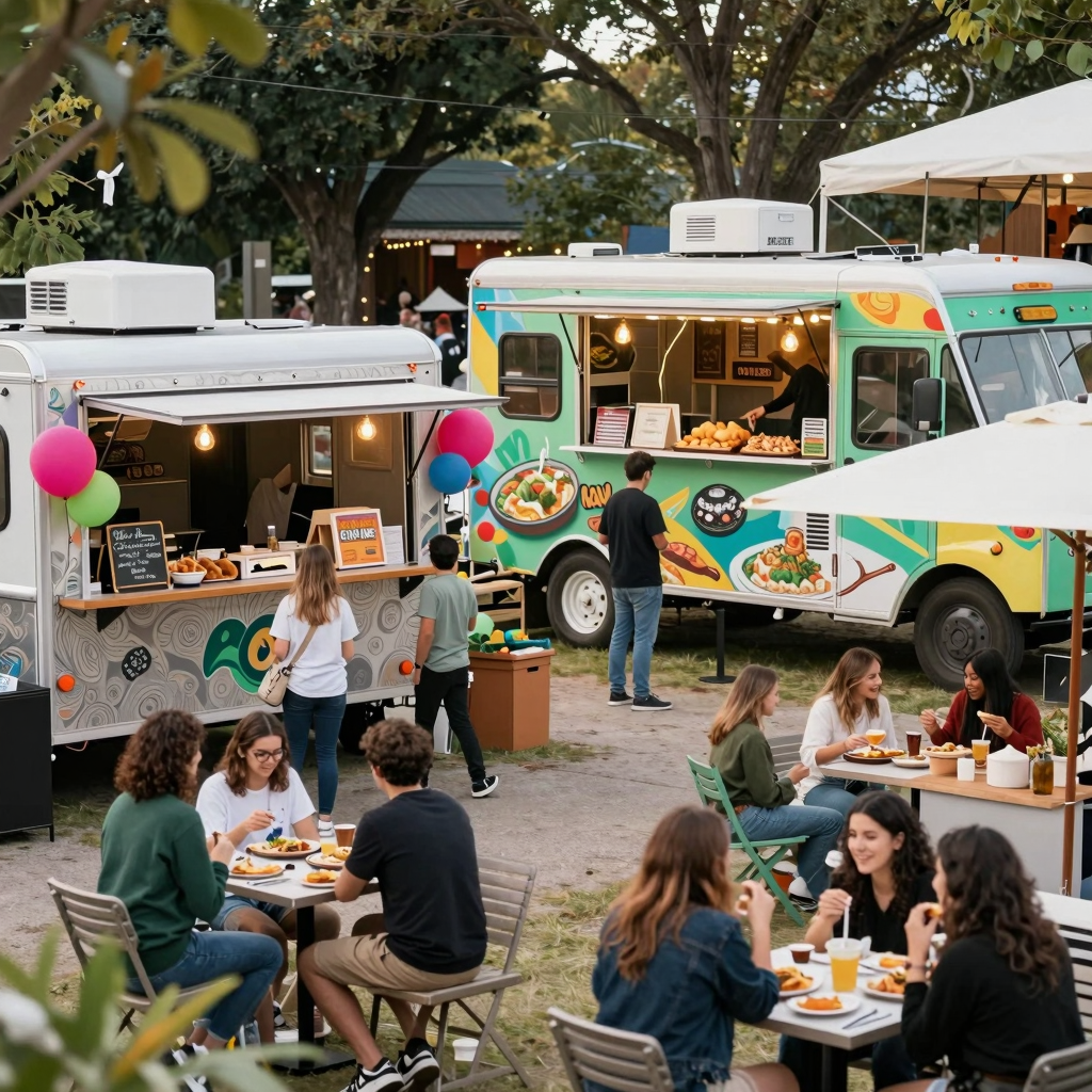 Multiple food trucks serving customers at an event