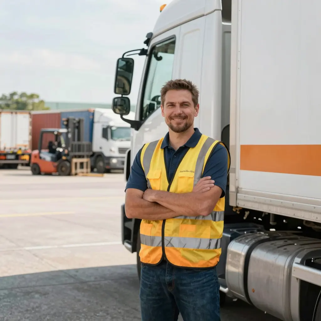 Professional truck driver standing next to a truck in a bustling logistics yard