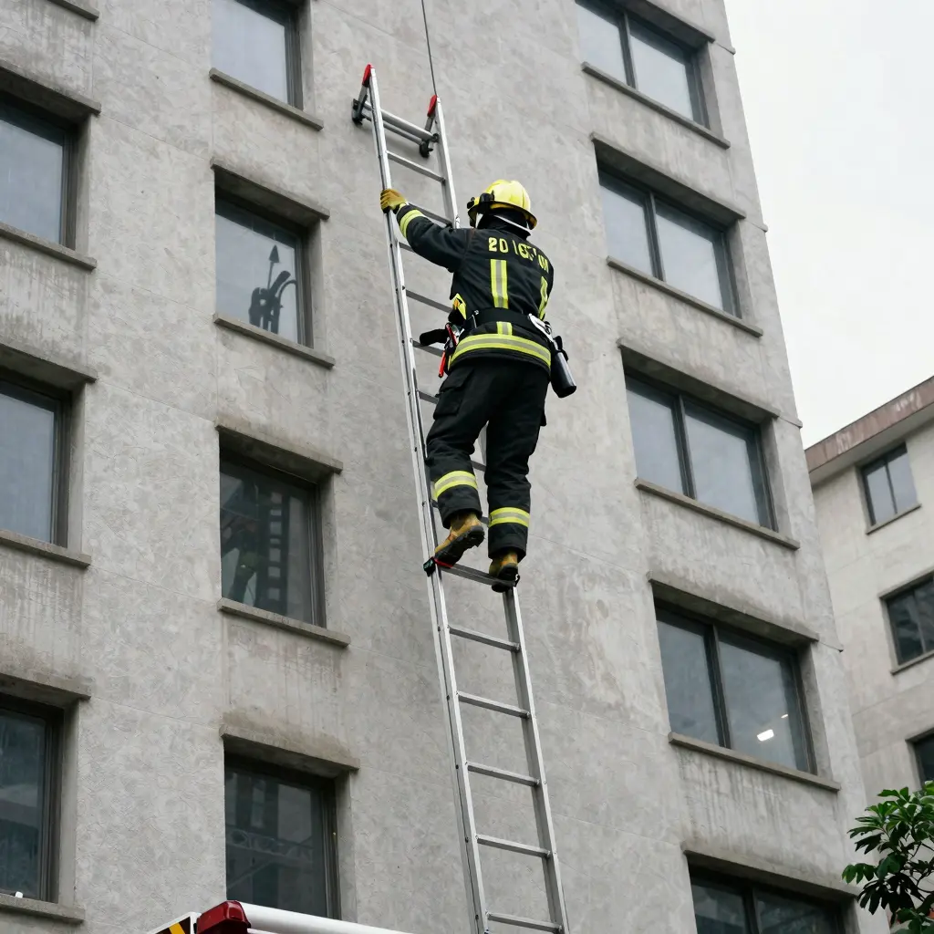 Firefighter using a fire truck rescue ladder