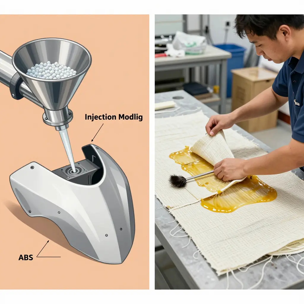 Side-by-side diagram comparing ABS injection molding with hand-laid fiberglass fairing production, showing plastic pellets, a steel mold, and a technician laying fiberglass cloth with resin