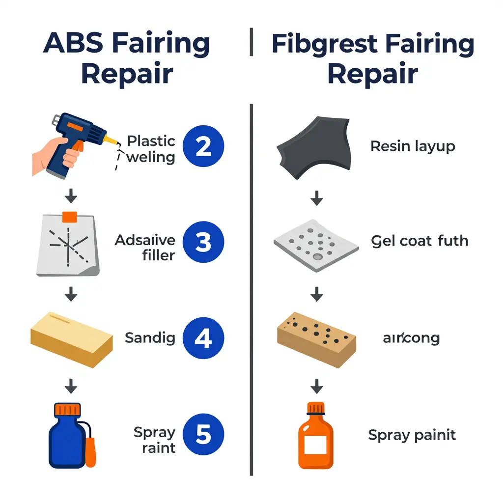 Comparison diagram showing ABS plastic welding repair steps versus fiberglass resin layup, gel coat, sanding, and repainting steps
