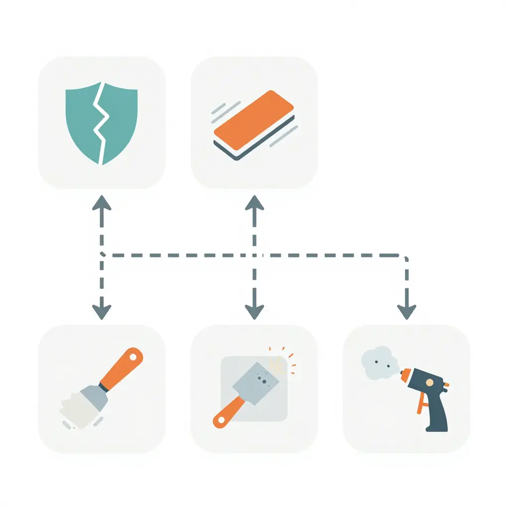 Flat 2D process diagram showing the five connected steps of a motorcycle fairing repair: damage assessment, surface preparation, patch or weld, fill and sand, then prime and paint