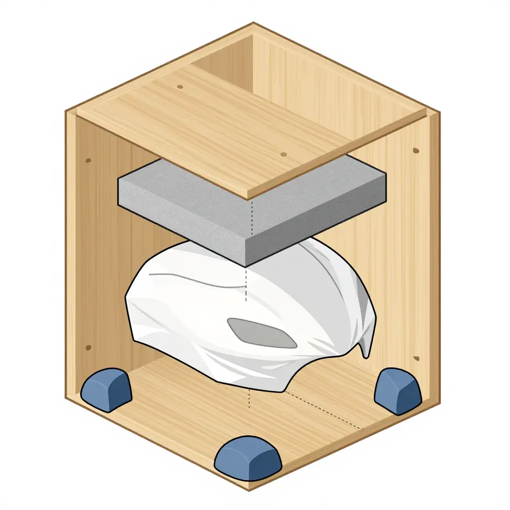 Exploded-view schematic of a motorcycle fairing crate showing the outer crate wall, foam insert layer, wrapped fairing panel, and padded corner protectors arranged as separate layers.