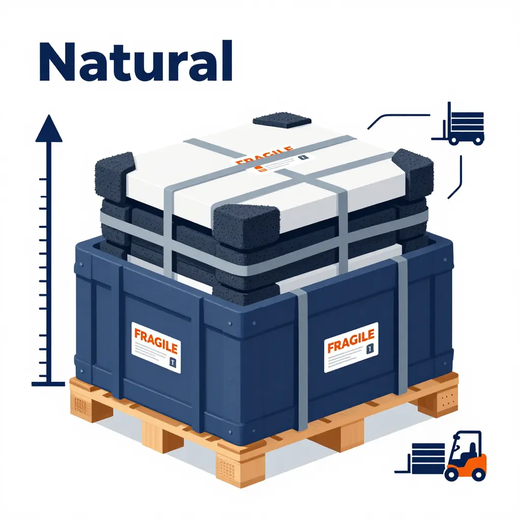 Diagram of motorcycle fairings packed in a crate on a pallet, showing drop height and transfer points
