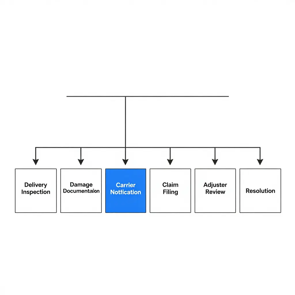 Flat linear flow diagram showing the claim escalation path for motorcycle freight damage: Delivery Inspection, Damage Documentation, Carrier Notification, Claim Filing, Adjuster Review, Resolution.