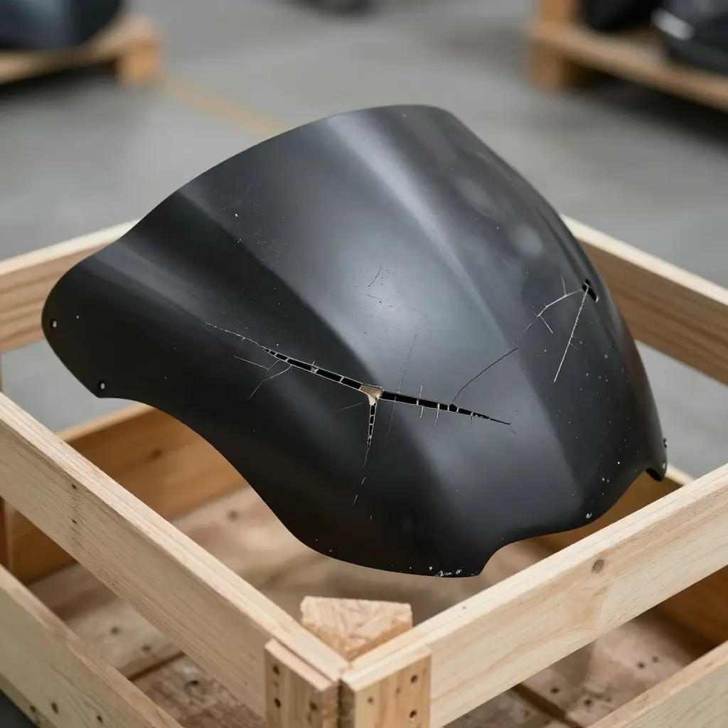 A cracked black motorcycle fairing panel resting inside a wooden shipping crate, with hairline cracks radiating from a mounting tab.