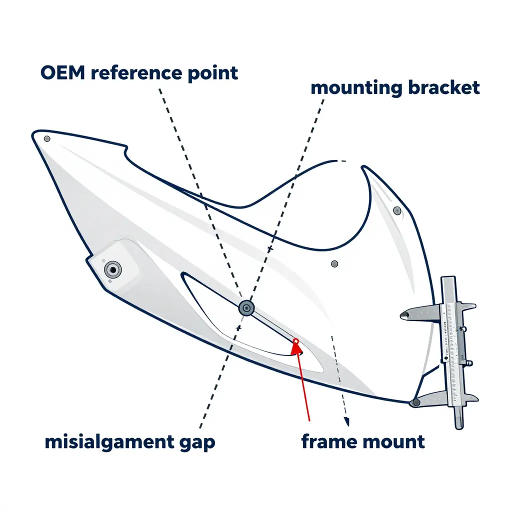 Diagram showing how to compare motorcycle fairing bolt hole positions against OEM reference points using datum lines, mounting brackets, and frame mounts