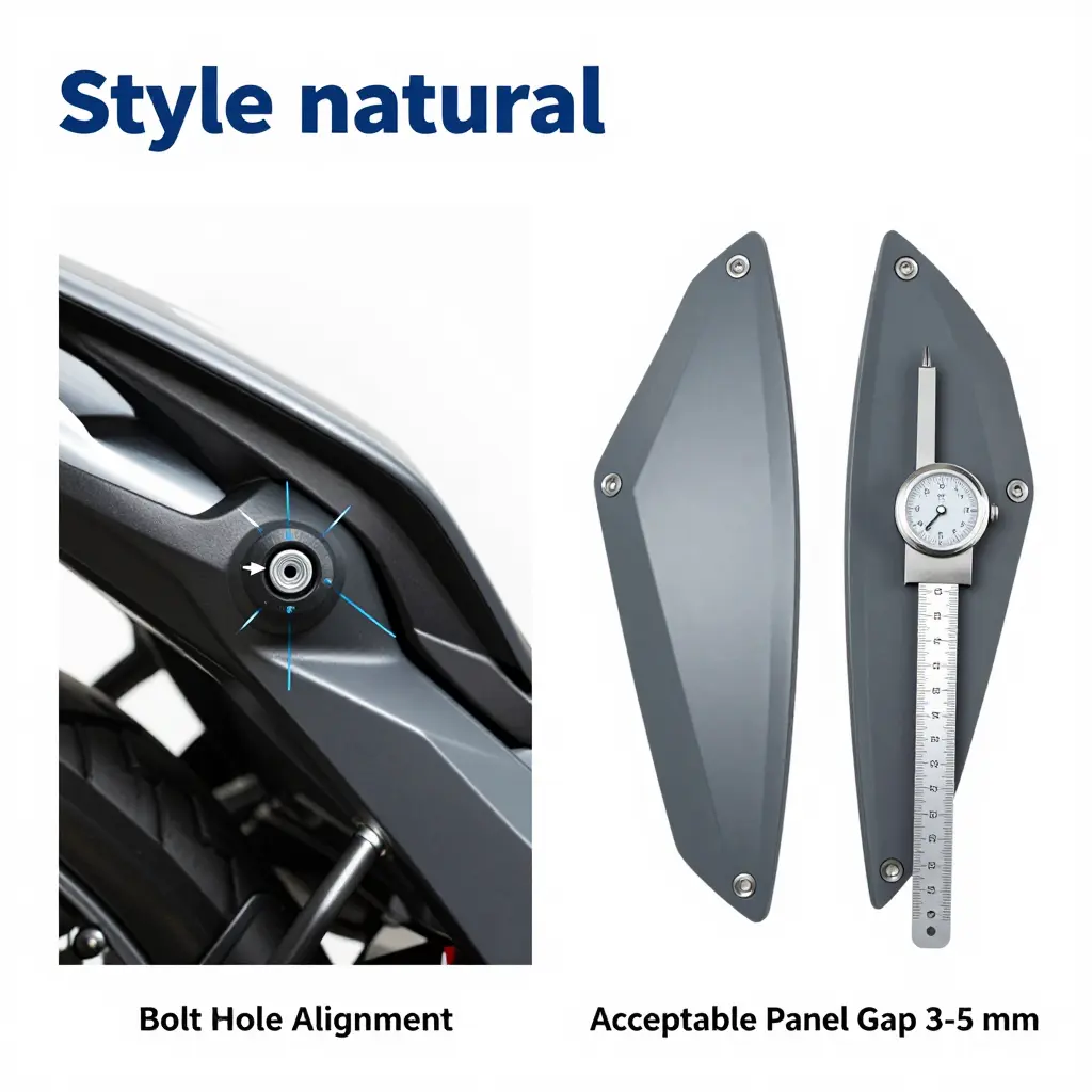Diagram showing motorcycle fairing bolt hole alignment and acceptable panel gap measurement