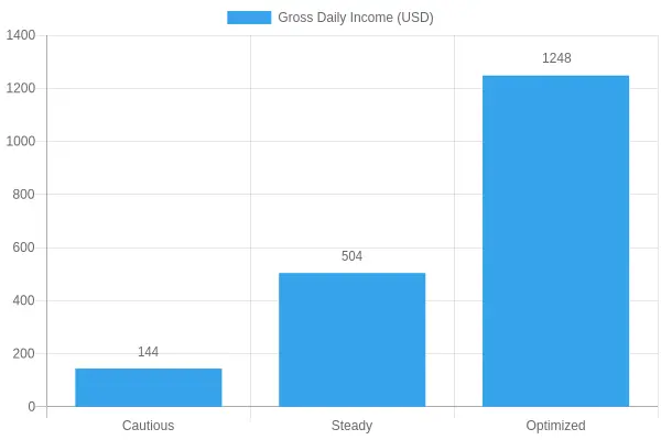 Bar chart showing how more, better-placed stops compound daily ice cream truck income, comparing cautious, steady, and optimized routes.